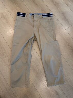 Classic Tan Chino Pants with Navy-Striped Waistband